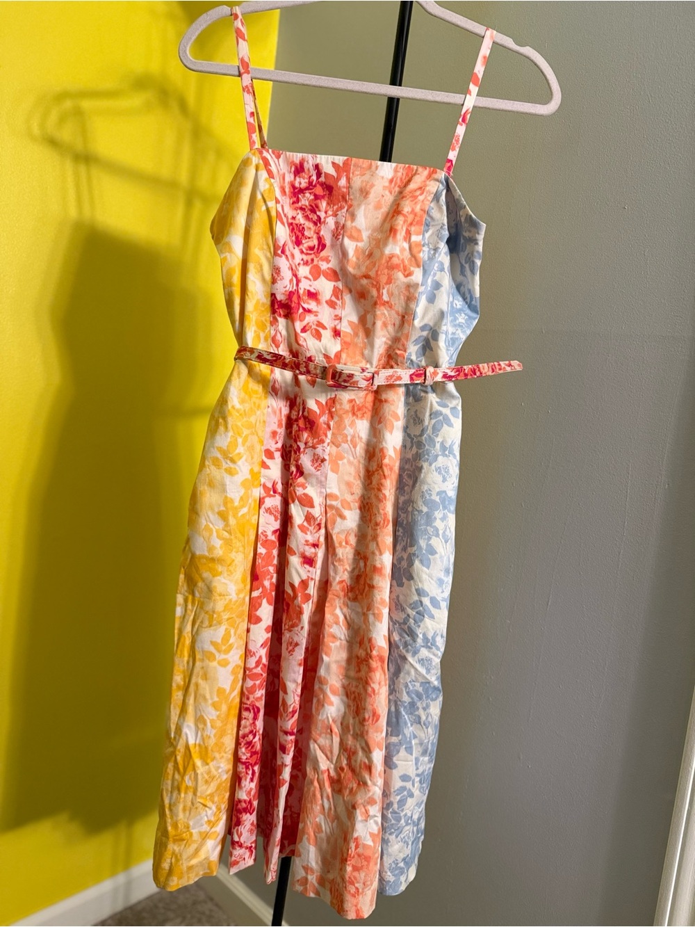 Sleeveless Floral Stripe Midi Dress in Yellow, Coral & Blue